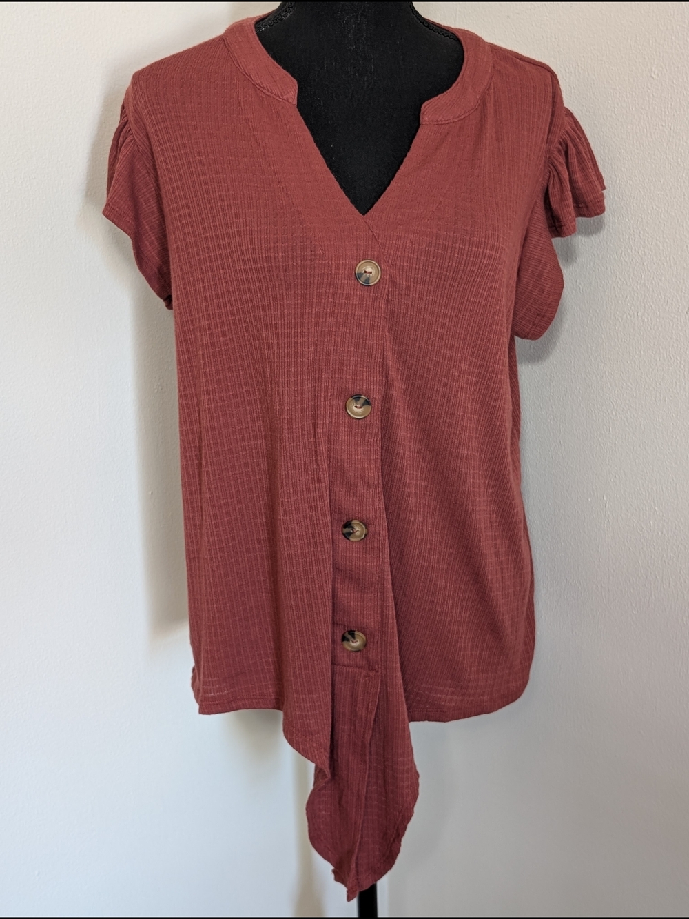 Fred David XL Rust Waffle Knit Button Front Short Sleeve Top